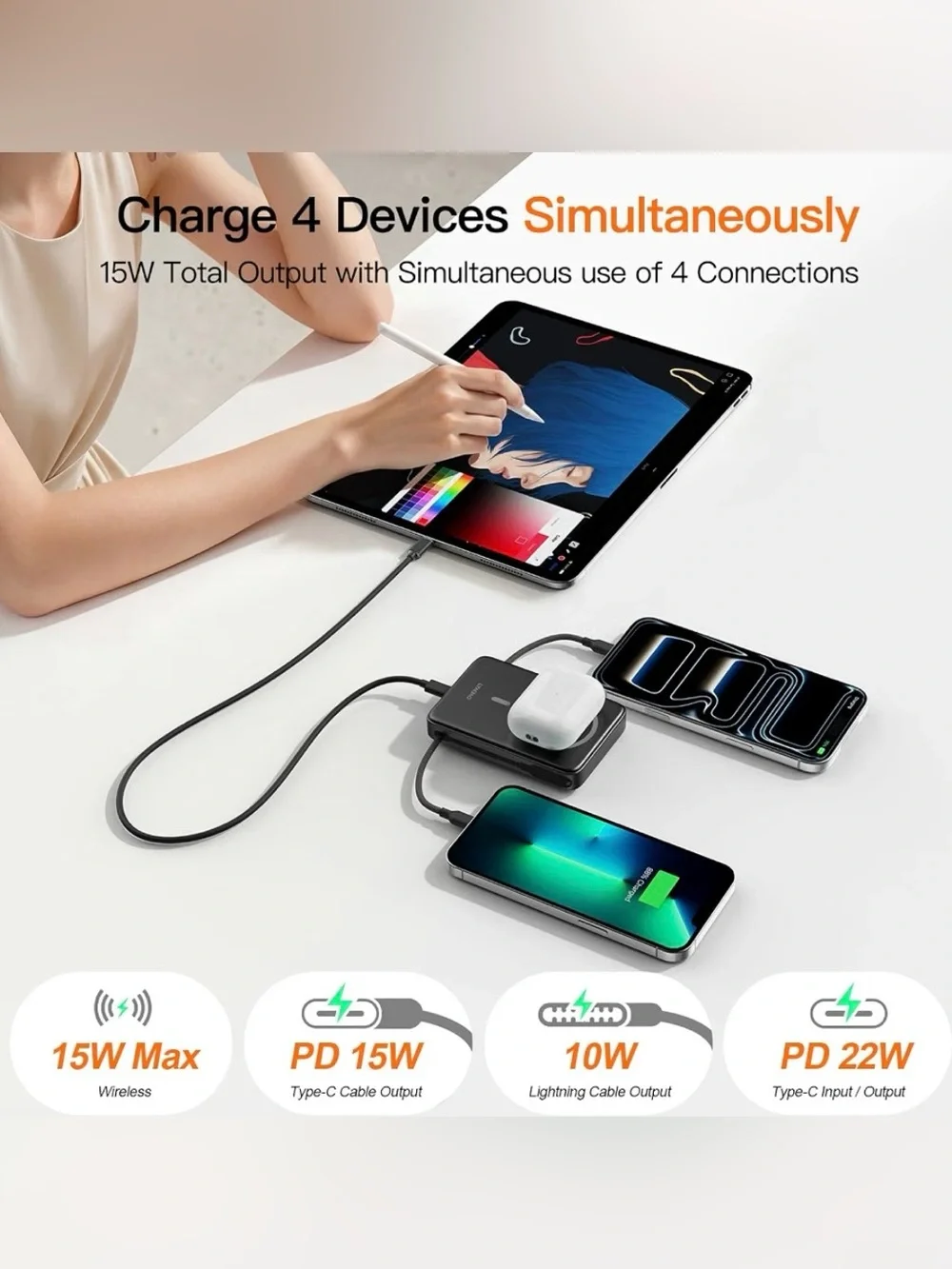 10000mAh Ultra Slim Magnetic Power Bank, Built-in USB-C & iPhone Cable